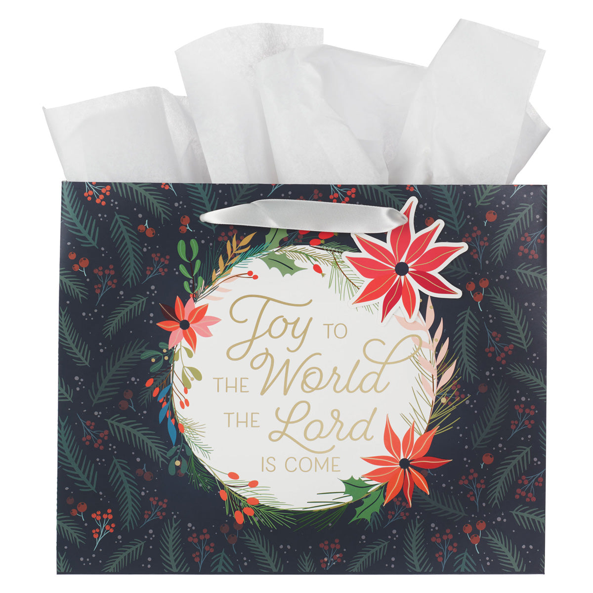Joy to the World the Lord Is Come Poinsettia Landscape Gift Bag with Gift Tag