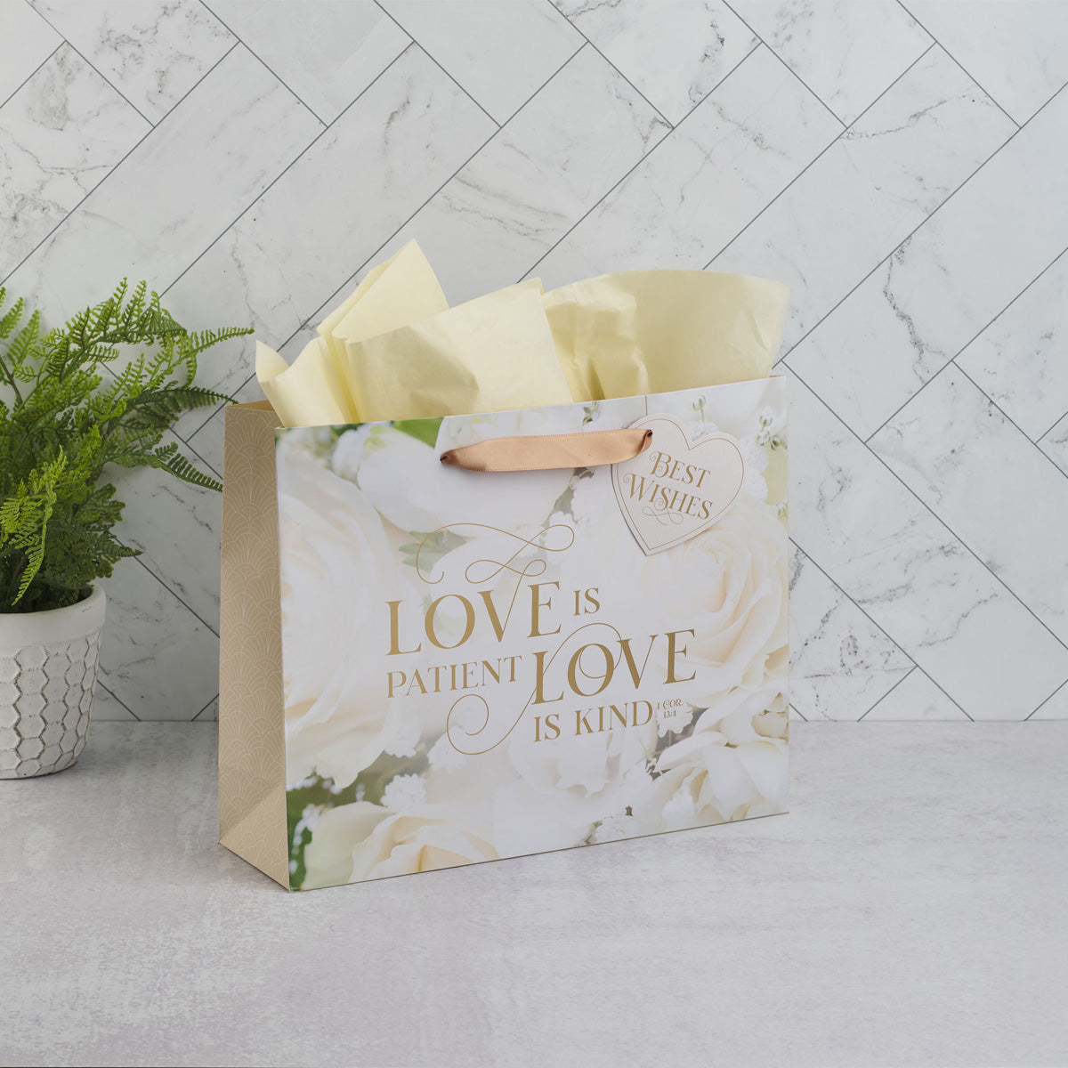 Mr. and Mrs. - Love Is Patient Love Is Kind Large Landscape Gift Bag with Gift Tag