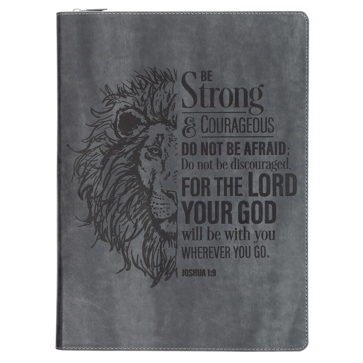 Be Strong & Courageous Grey Lion Faux Leather Portfolio Folder with Zip