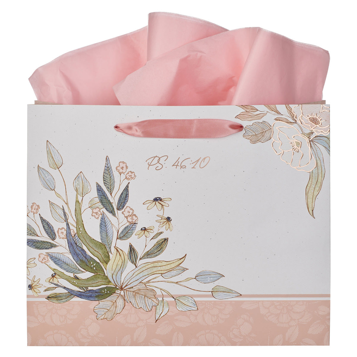 Be Still and Know Pink and Blue Floral Large Landscape Gift Bag with Gift Tag