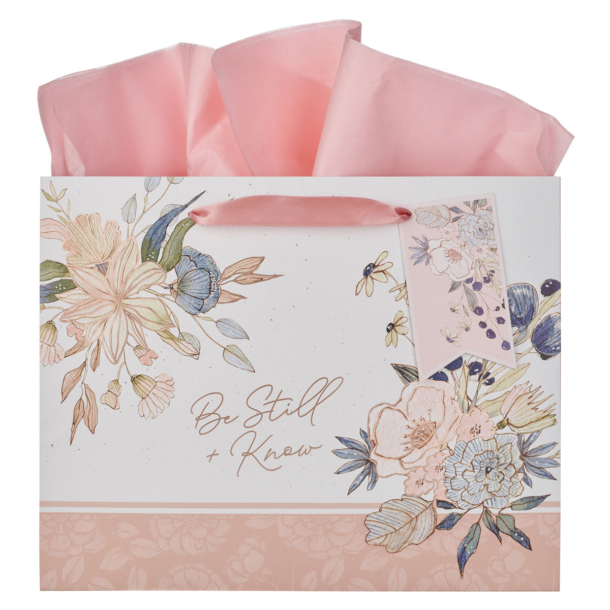 Be Still and Know Pink and Blue Floral Large Landscape Gift Bag with Gift Tag