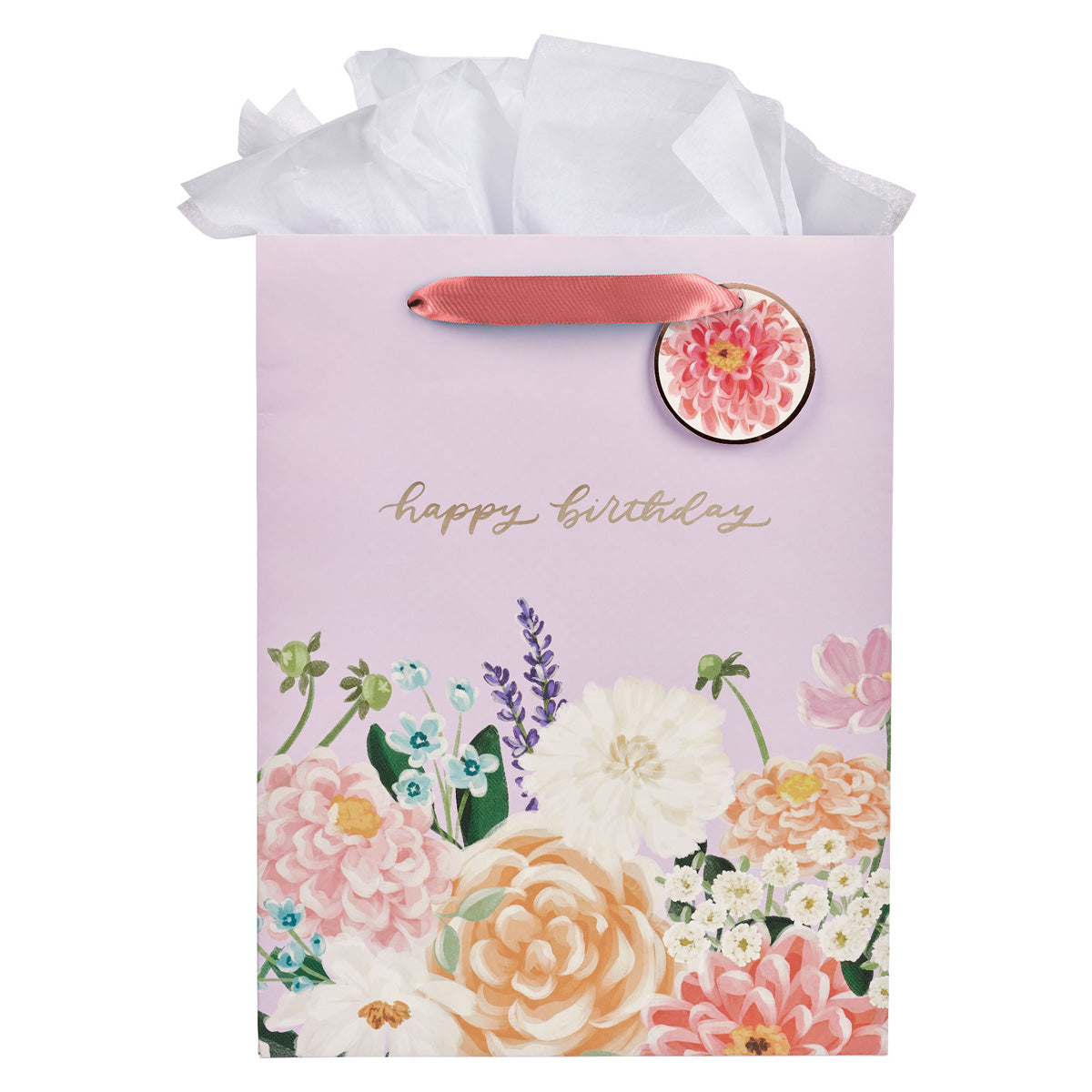Happy Birthday Purple Floral Portrait Gift Bag with Gift Tag