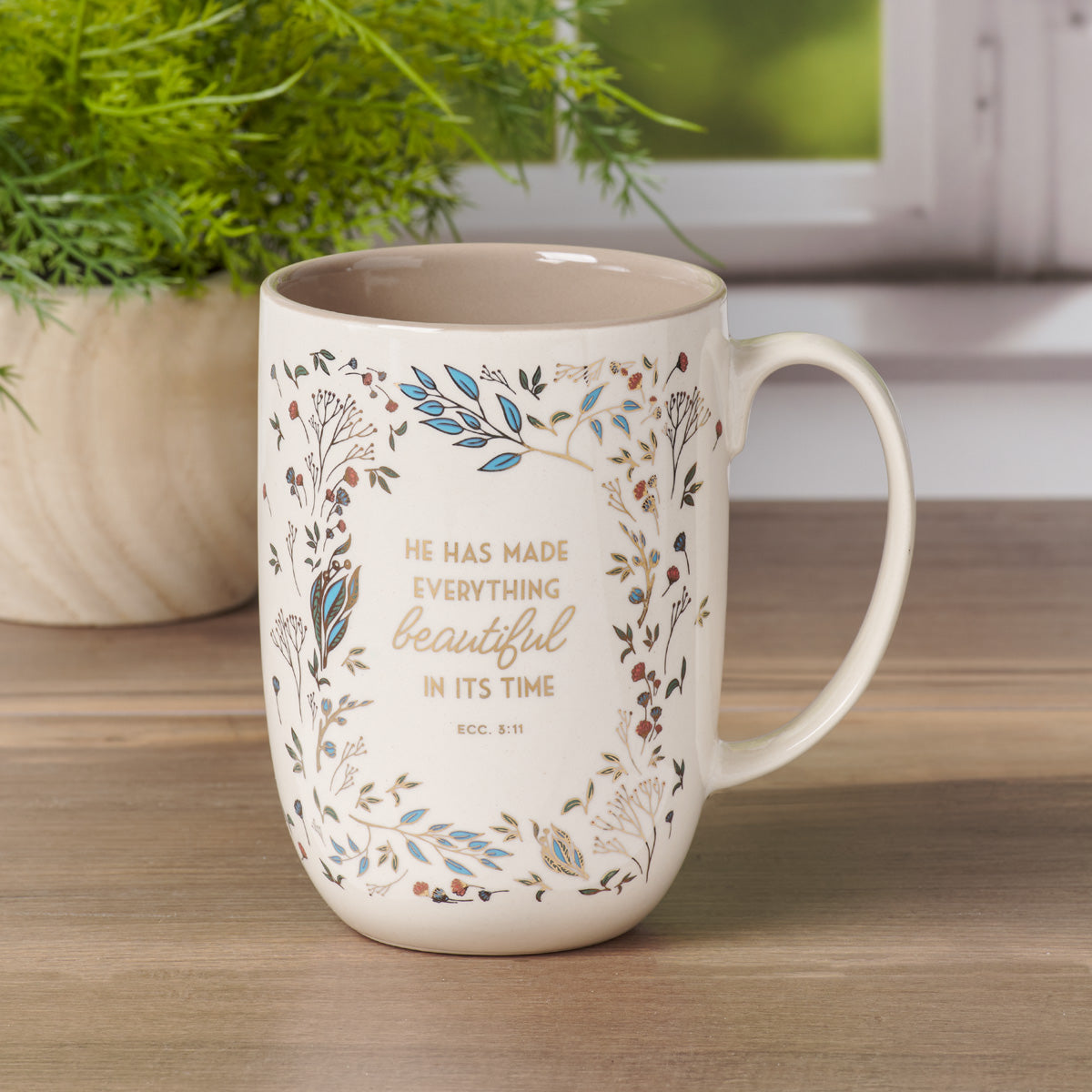 He Has Made Everything Beautiful in Its Time Cream Ceramic Mug with Brown Interior