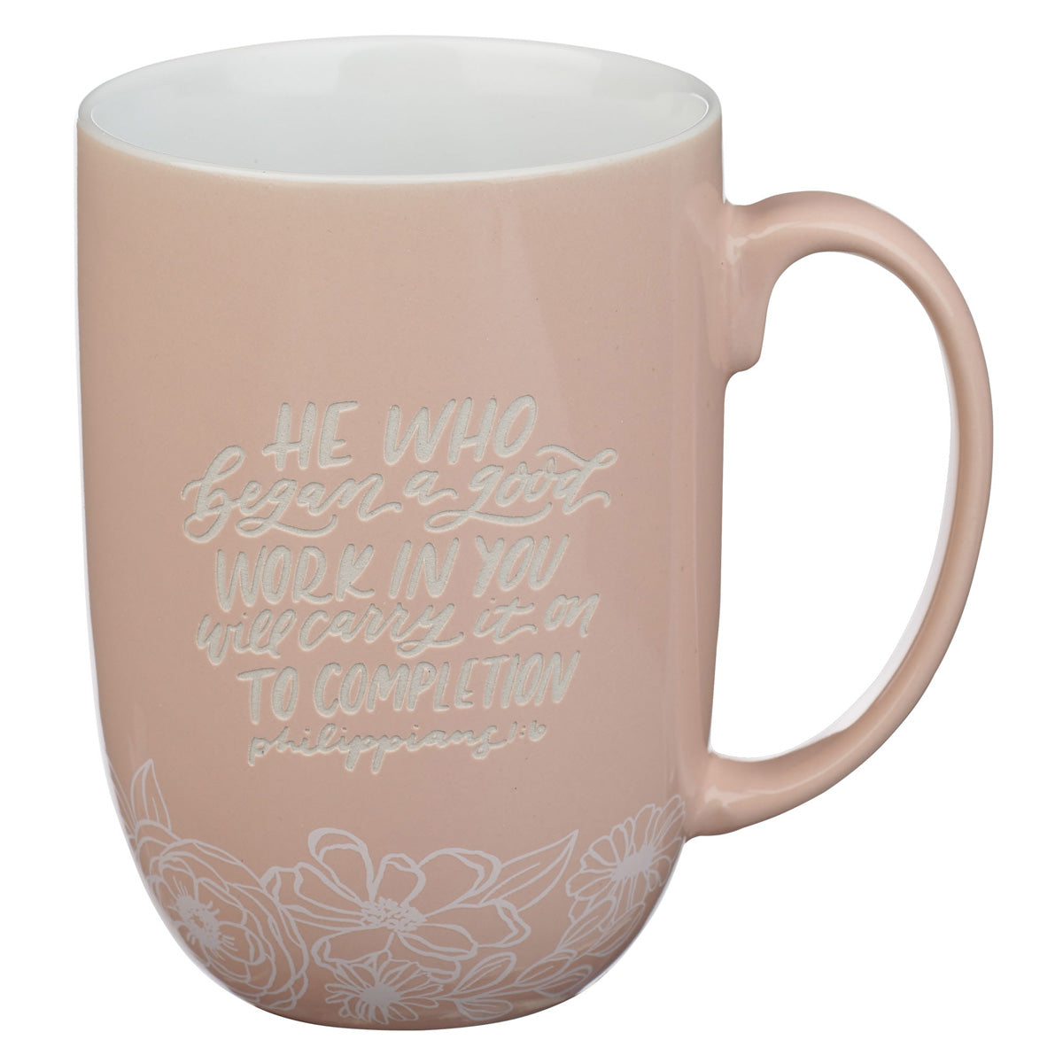 He Who Began a Good Work in You will Carry it on to Completion Peach Ceramic Mug