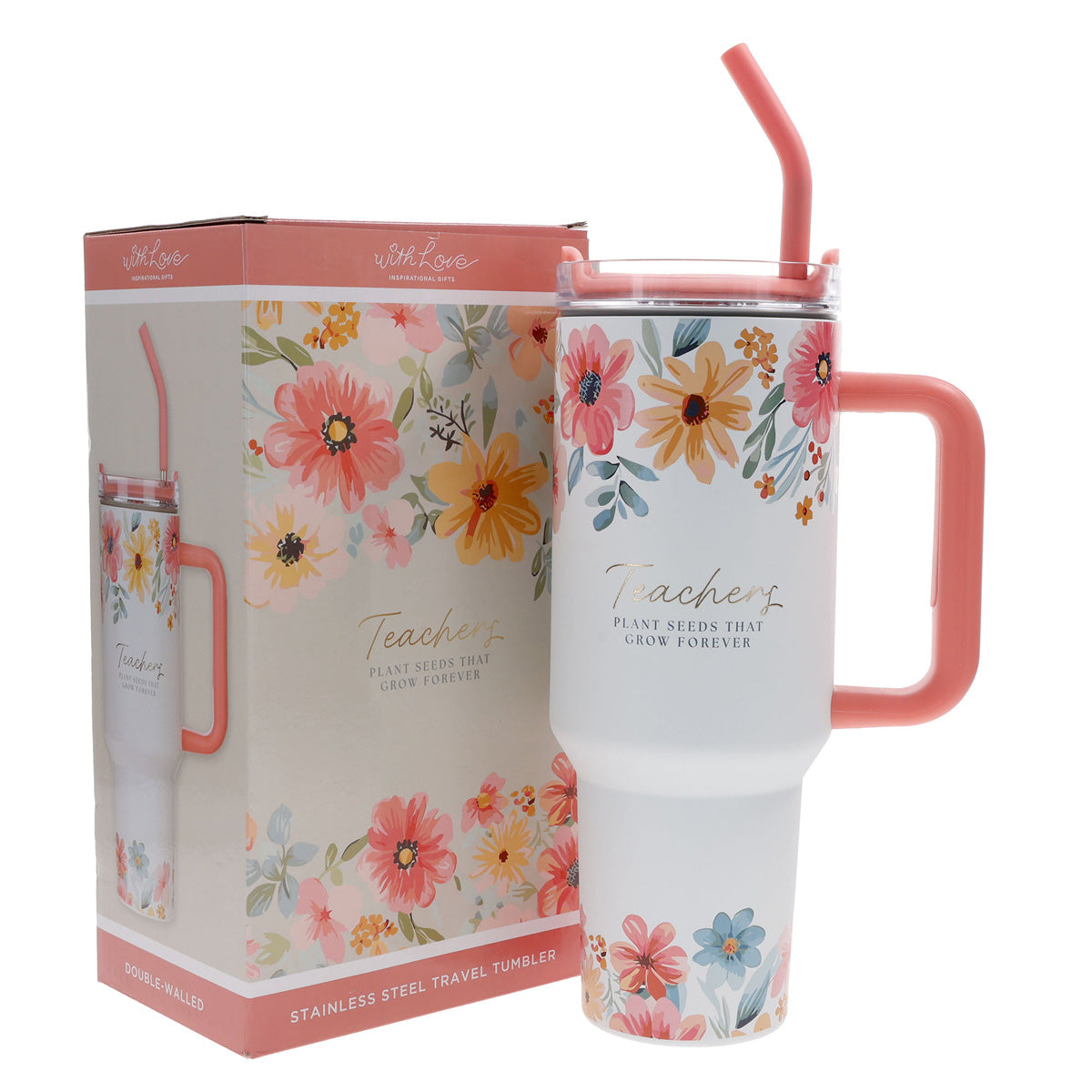 Teachers Plant Seeds That Grow Forever Large Stainless Steel Mug with Handle and Straw