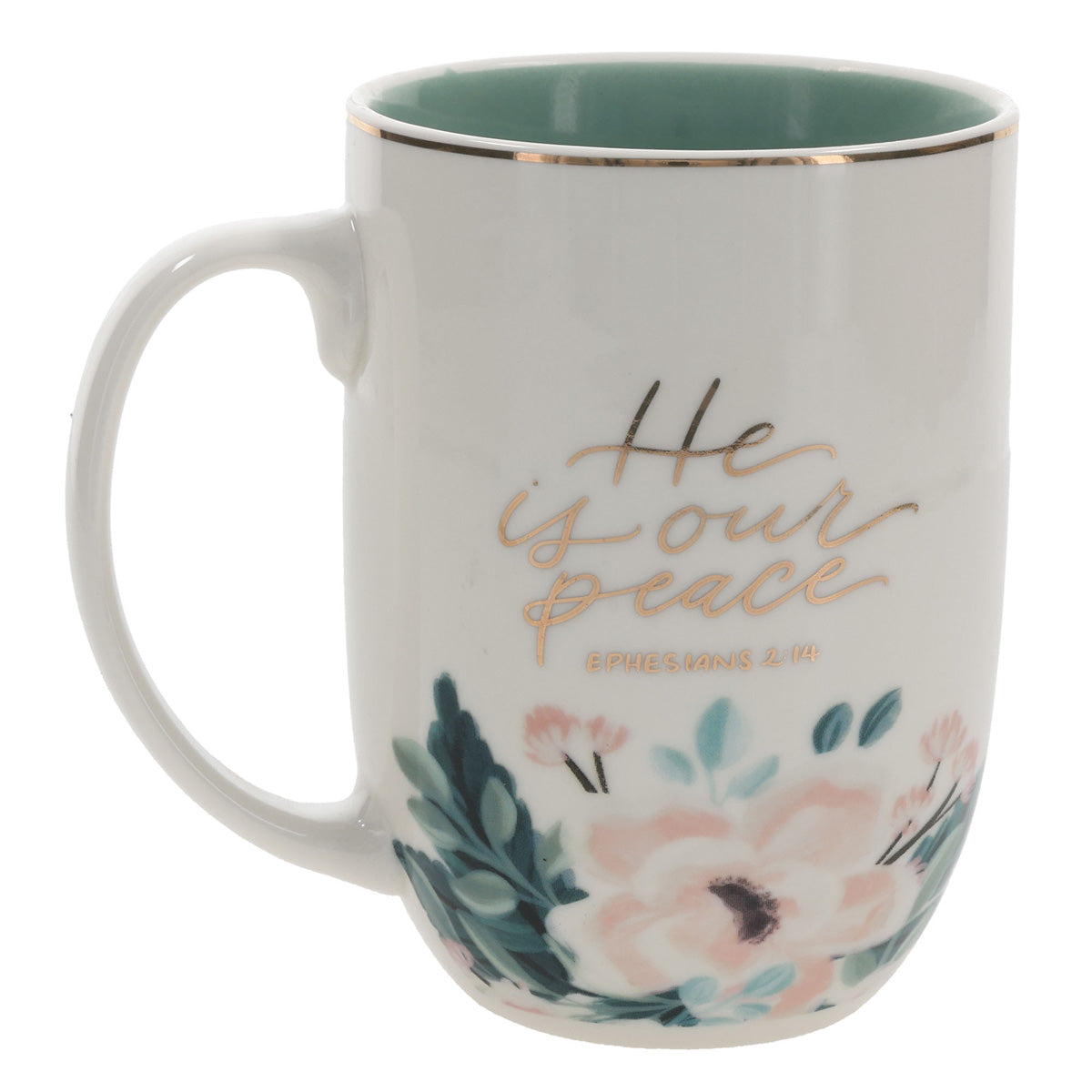 He Is Our Peace Ceramic Mug with Green Interior
