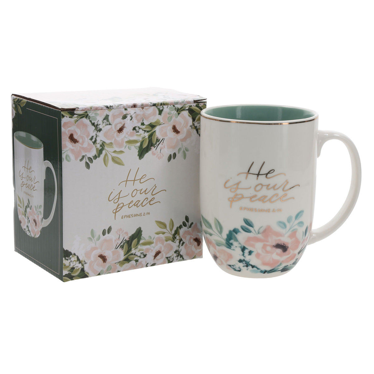 He Is Our Peace Ceramic Mug with Green Interior