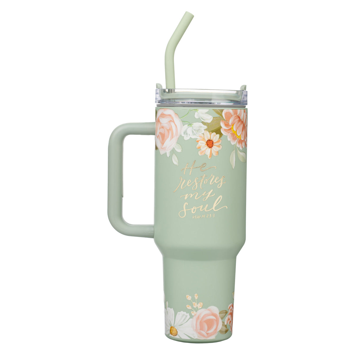 He Restores My Soul Large Stainless Steel Mug with Handle and Straw