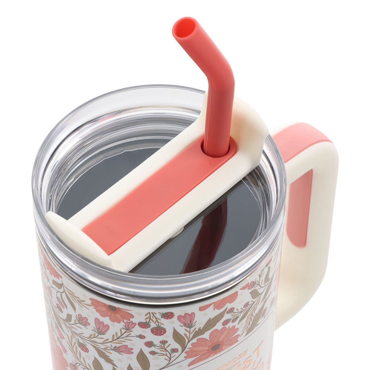Those Who Trust in the Lord Coral Floral Large Stainless Steel Mug with Handle and Straw