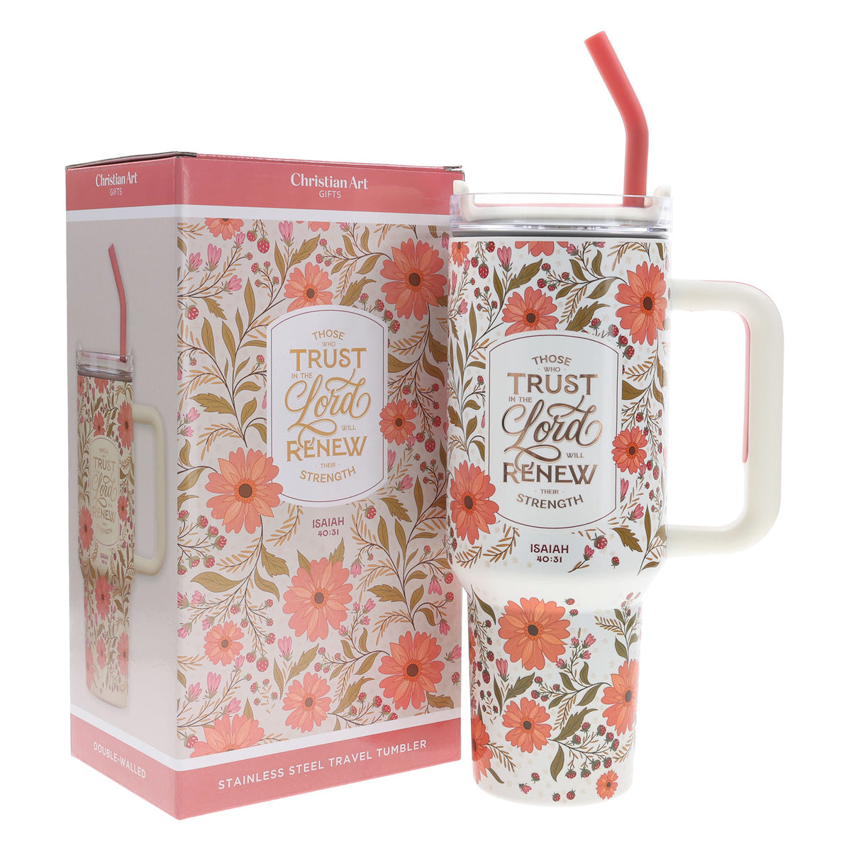 Travel Mug - Those Who Trust in the Lord (Stainless Steel, Coral Floral, Large)