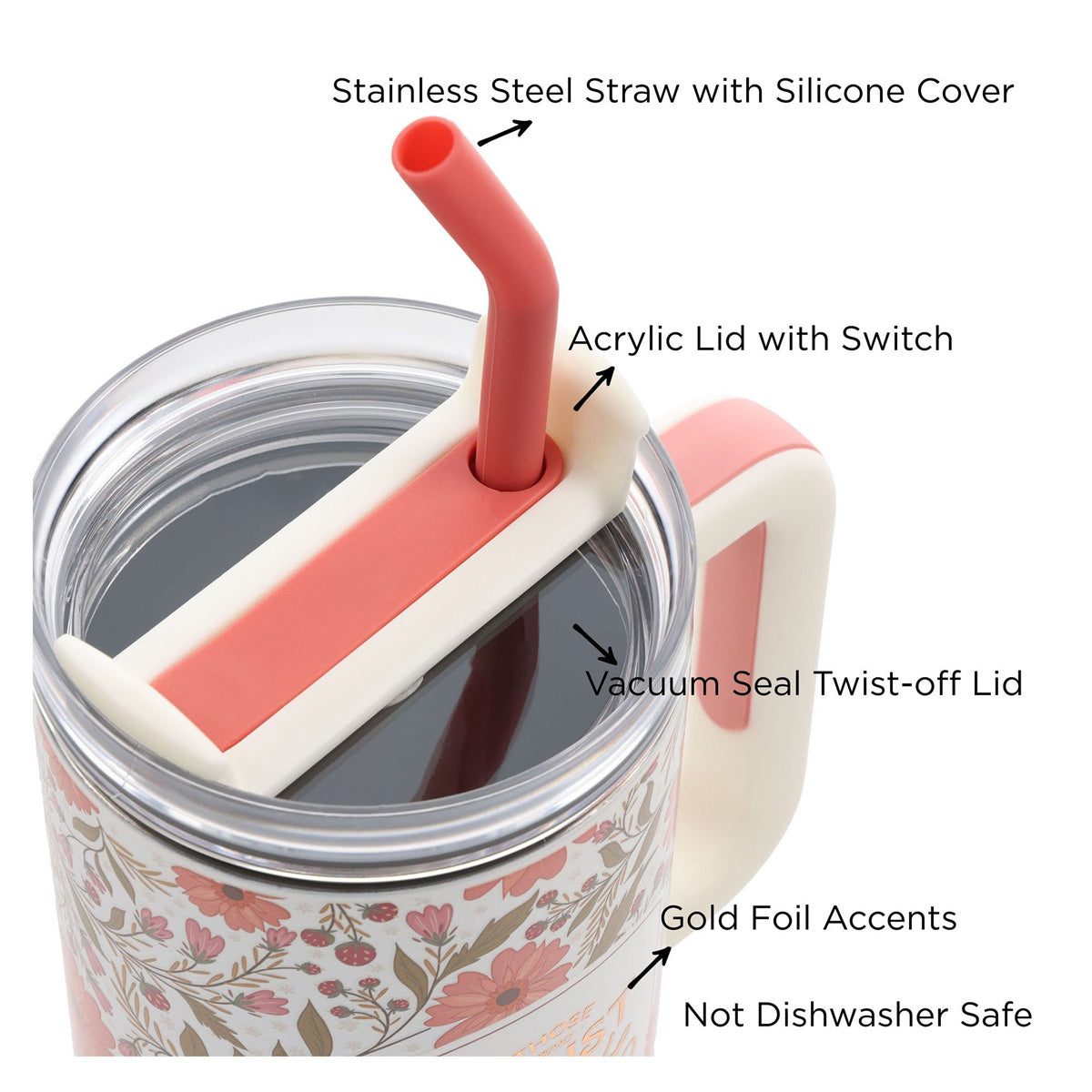 Those Who Trust in the Lord Coral Floral Large Stainless Steel Mug with Handle and Straw