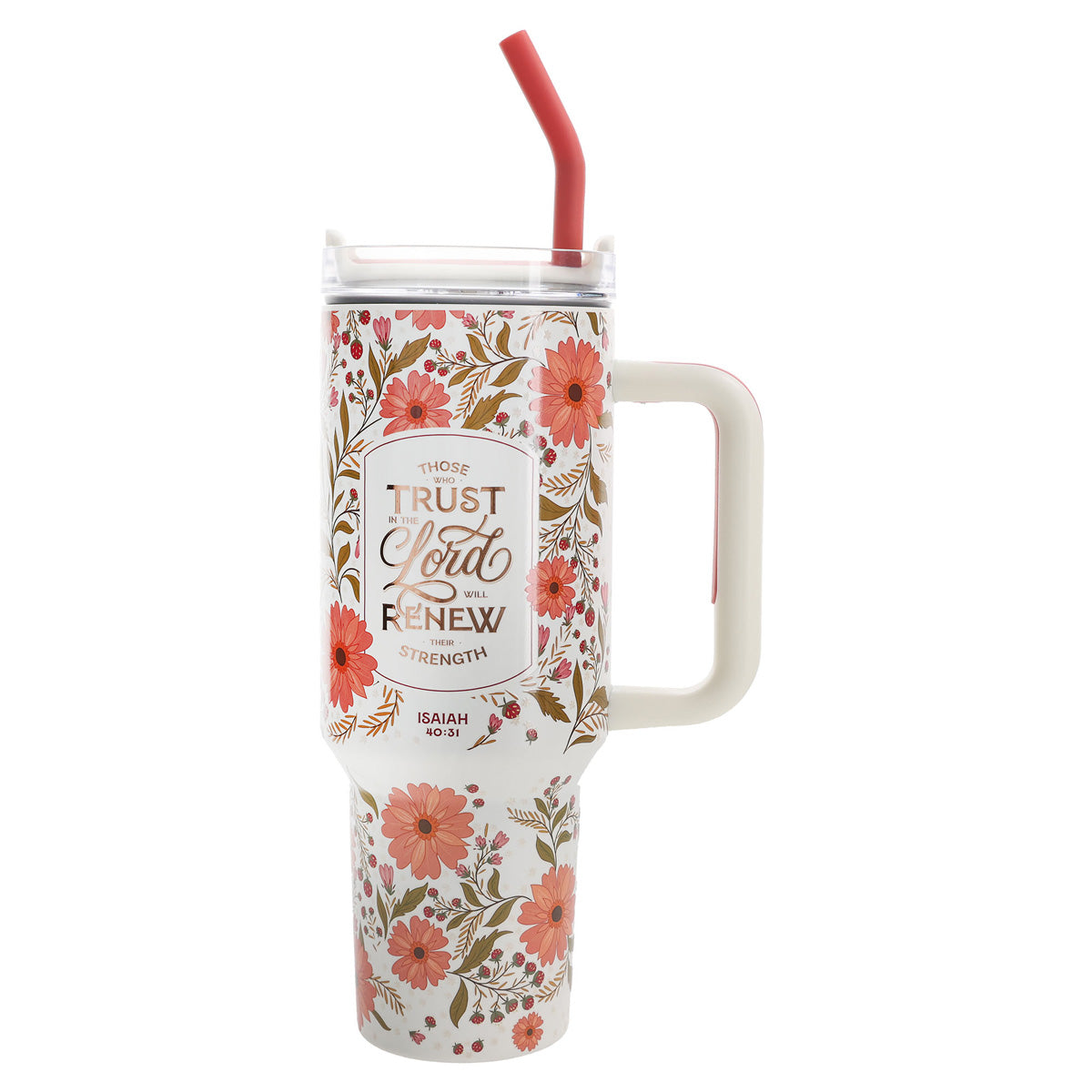 Those Who Trust in the Lord Coral Floral Large Stainless Steel Mug with Handle and Straw