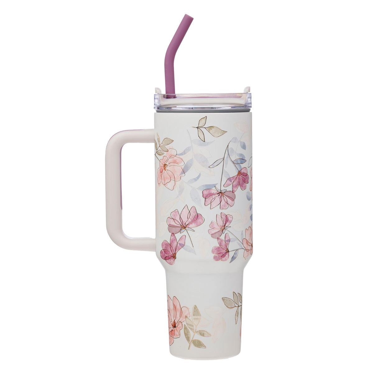 Walk by Faith White Floral Large Stainless Steel Mug with Handle and Straw