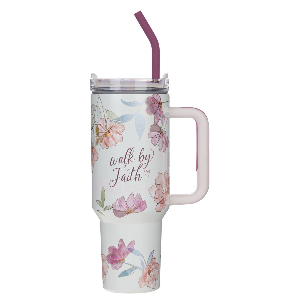 Walk by Faith White Floral Large Stainless Steel Mug with Handle and Straw