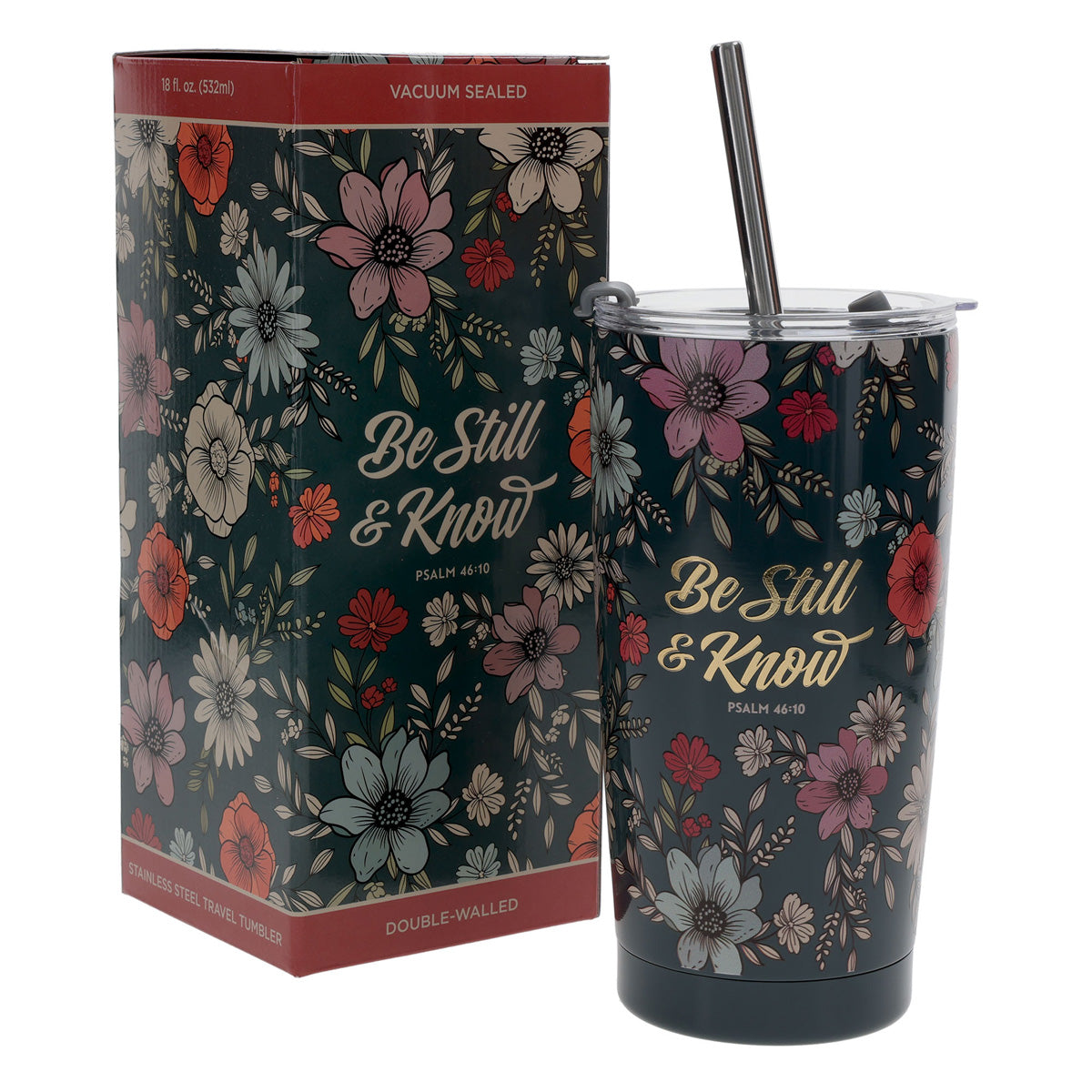 Be Still and Know Teal Floral Stainless Steel Travel Mug with Straw