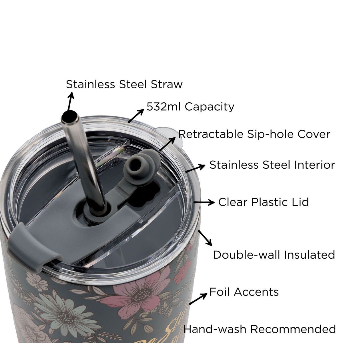 Travel Mug - Be Still and Know (Stainless Steel, Teal Floral, with Straw)