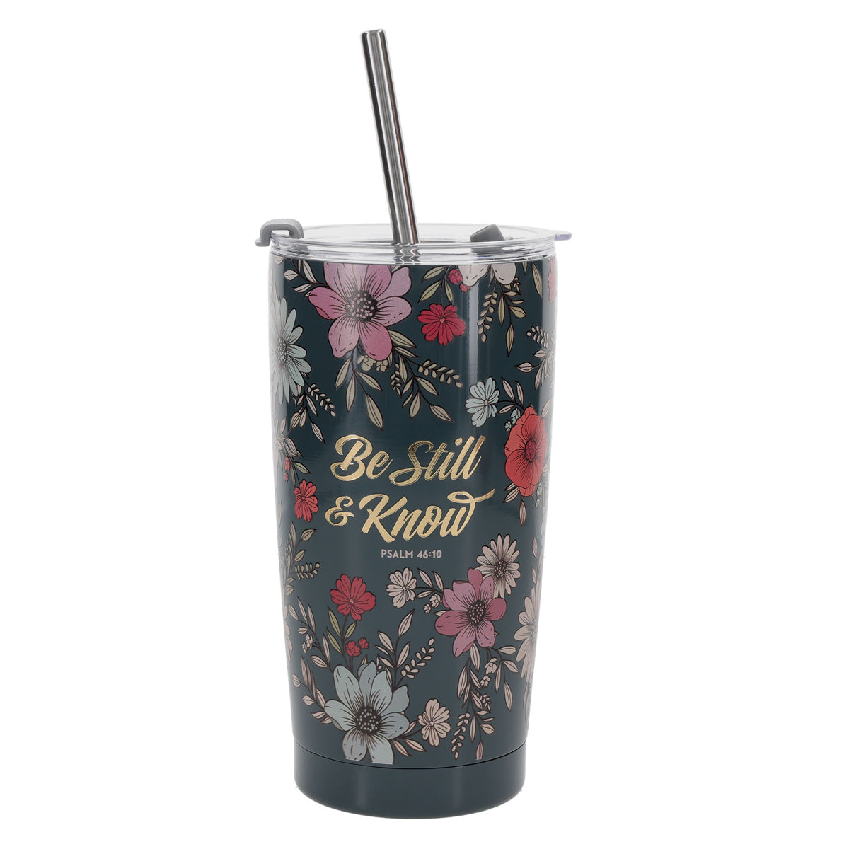 Be Still and Know Teal Floral Stainless Steel Travel Mug with Straw