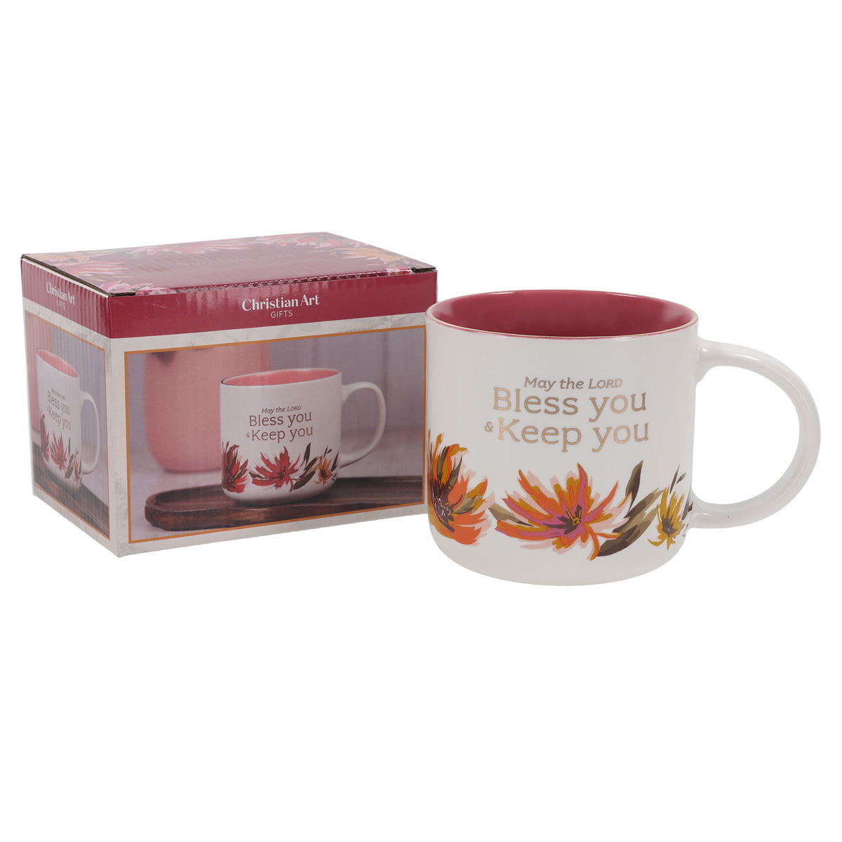 May the Lord Bless You and Keep You Floral Ceramic Mug with Pink Interior