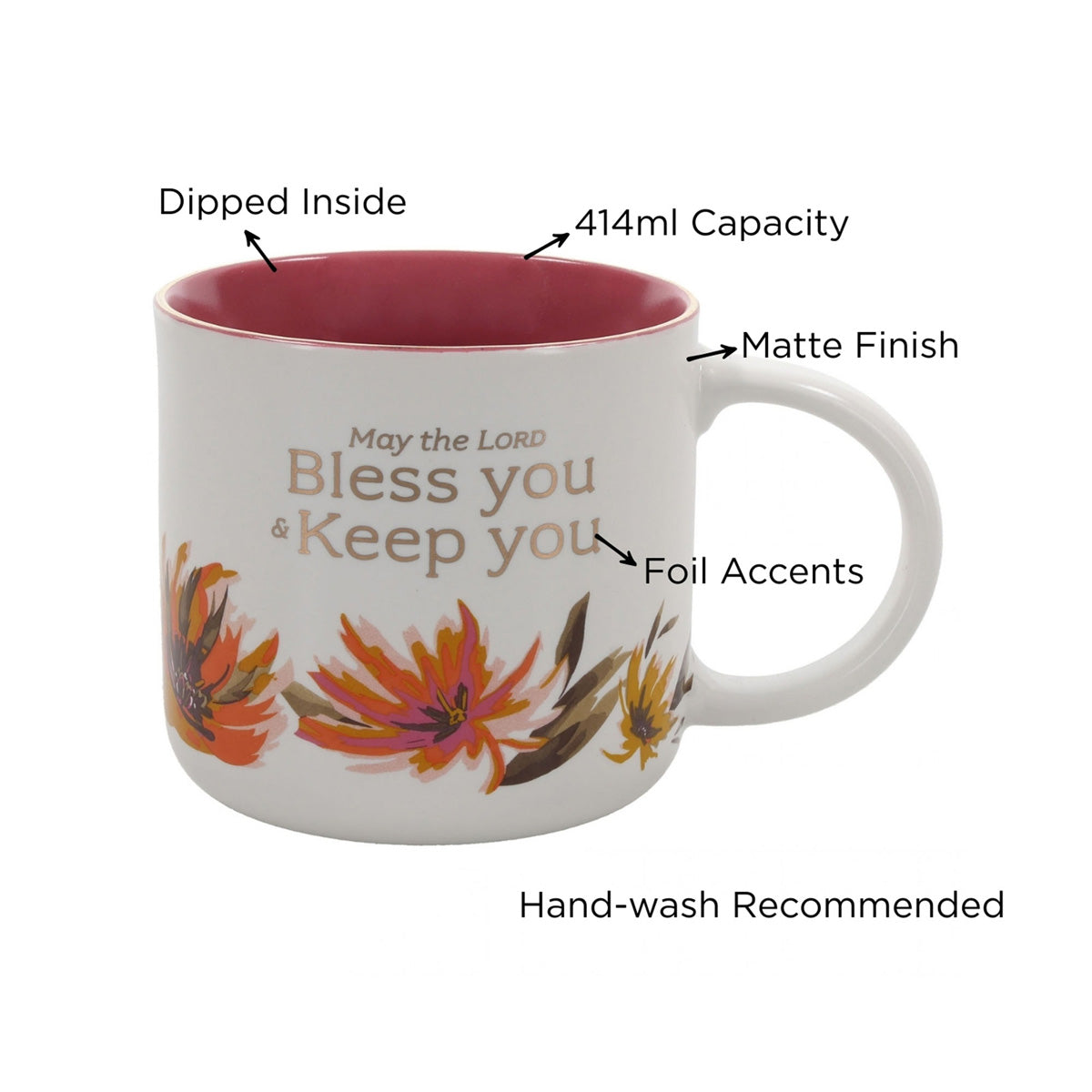 May the Lord Bless You and Keep You Floral Ceramic Mug with Pink Interior
