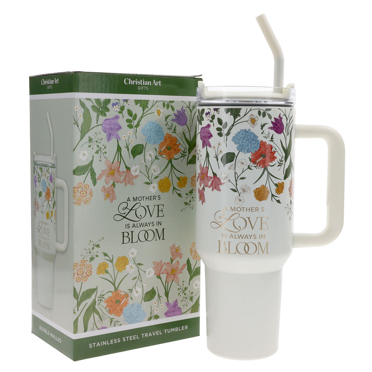 A Mother's Love Is Always in Bloom Large Stainless Steel Mug with Handle and Straw