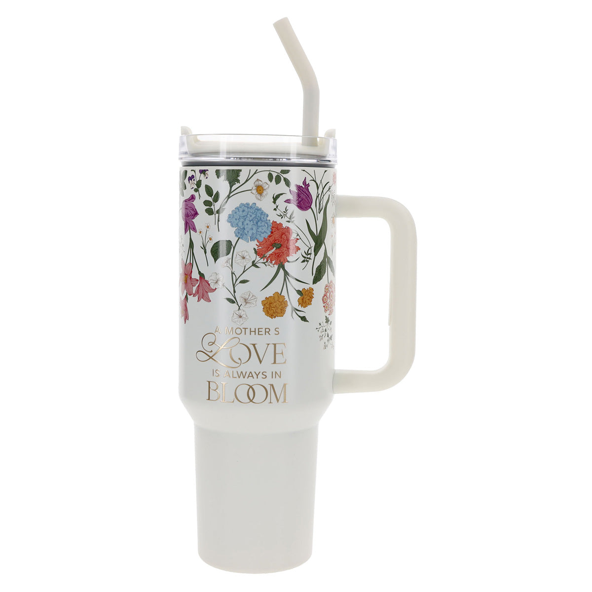 A Mother's Love Is Always in Bloom Large Stainless Steel Mug with Handle and Straw