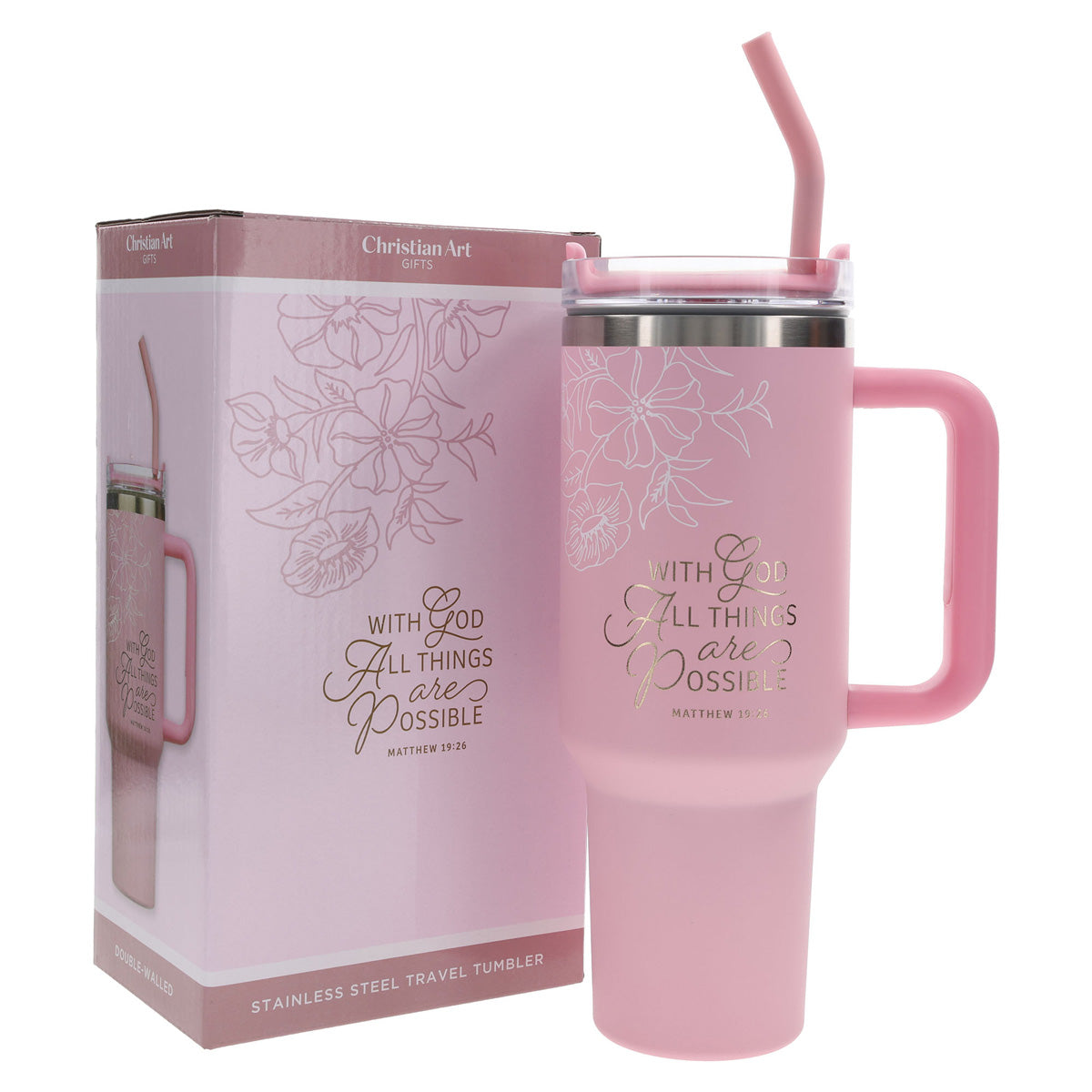 With God All Things Are Possible Pink Large Stainless Steel Mug with Handle and Straw