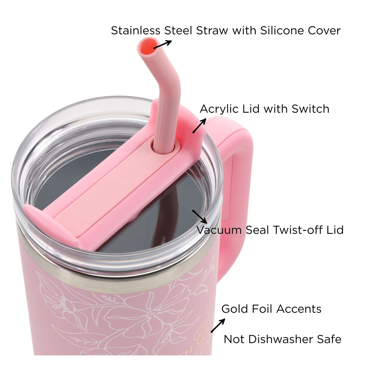With God All Things Are Possible Pink Large Stainless Steel Mug with Handle and Straw