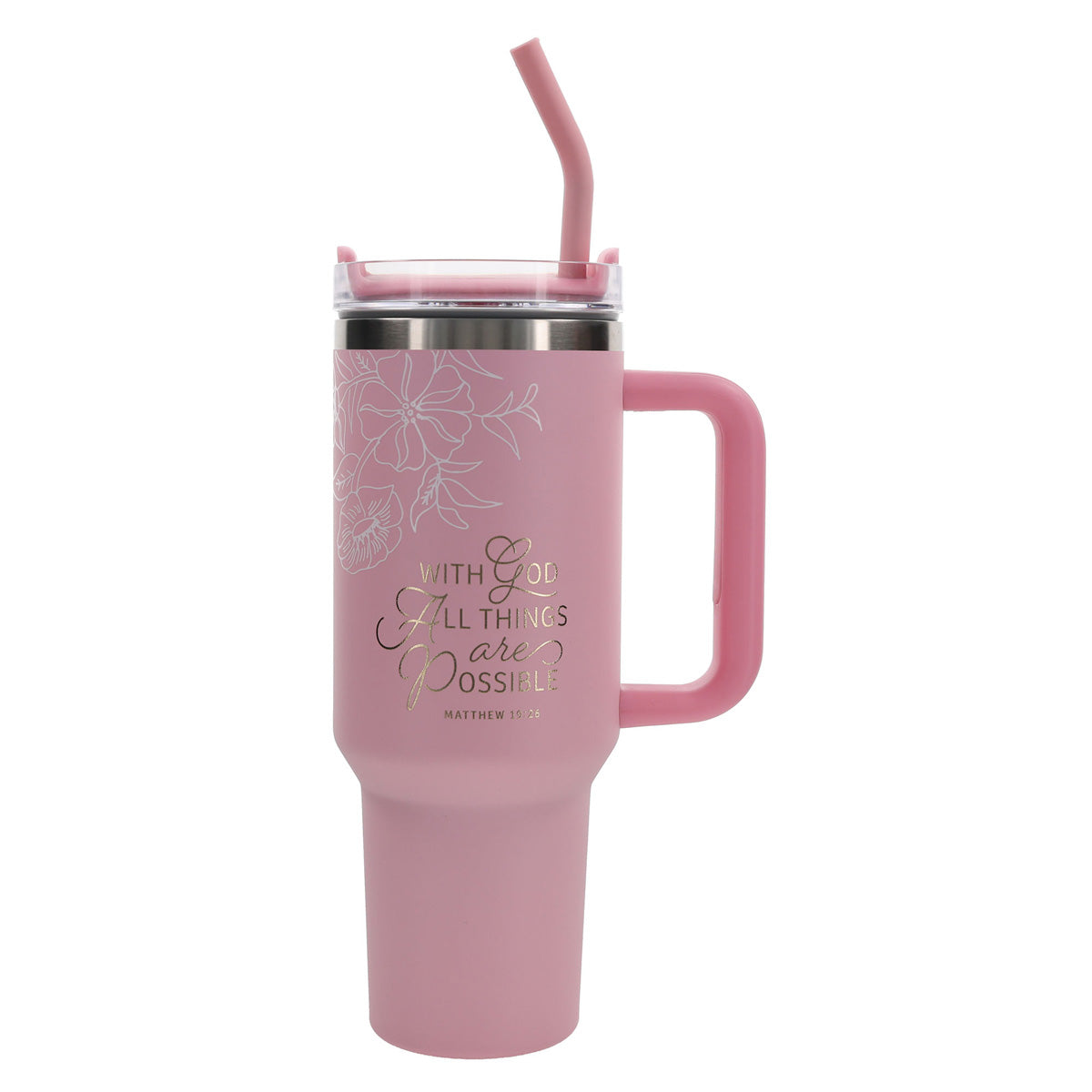 Travel Mug - All Things Are Possible (Stainless Steel, Pink, Large, Handle & Straw)