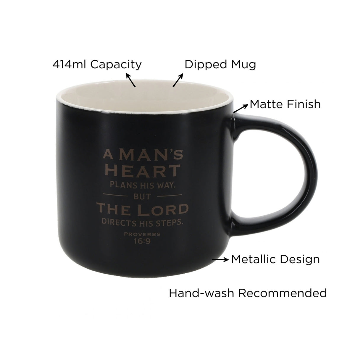 A Man's Heart Plans His Way But the Lord Directs His Steps Black Ceramic Mug