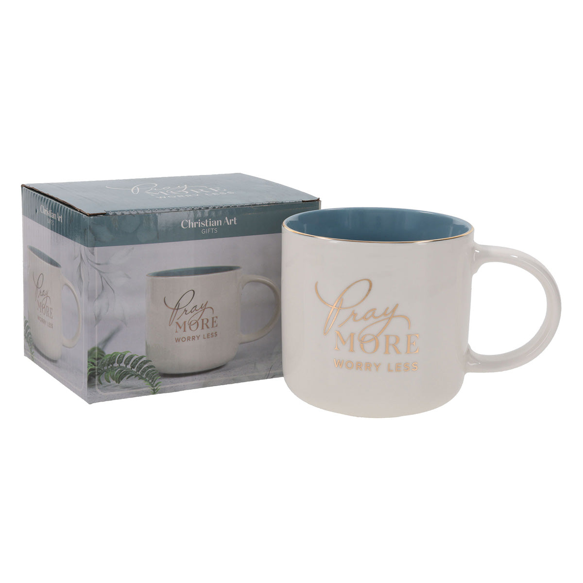 Pray More Worry Less Ceramic Mug with Blue Interior