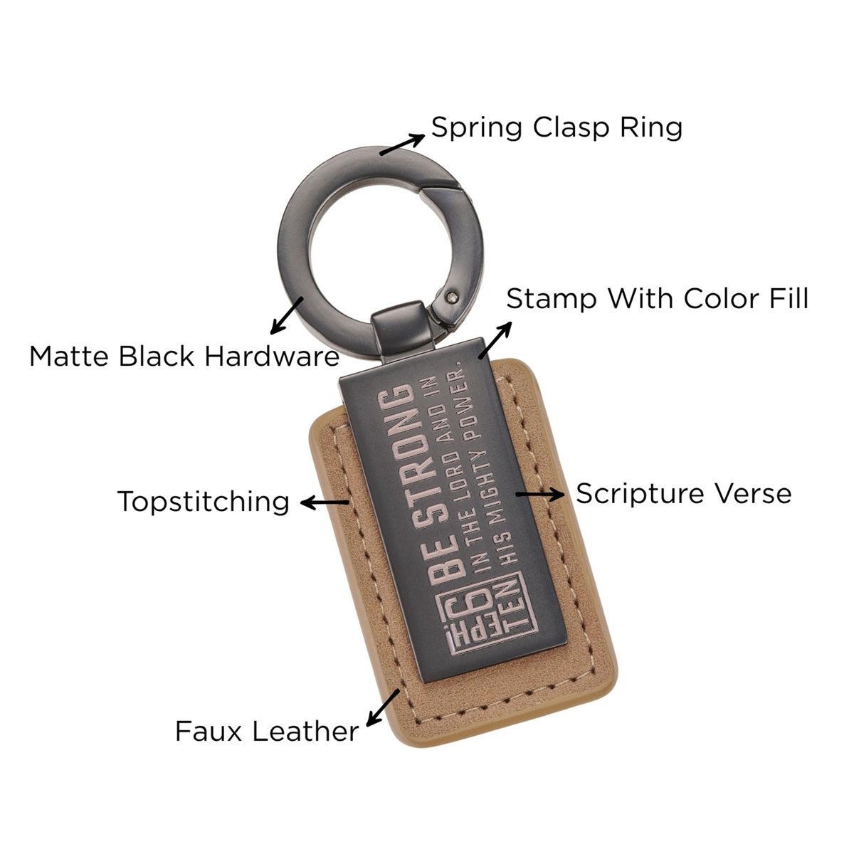Be Strong in the Lord and in His Mighty Power Faux Leather and Metal Keychain