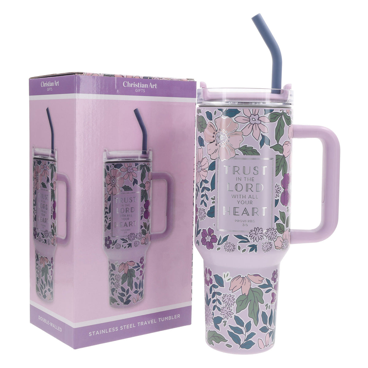 Travel Mug - Trust in the Lord (Stainless Steel, Purple, Large, Handle & Straw)