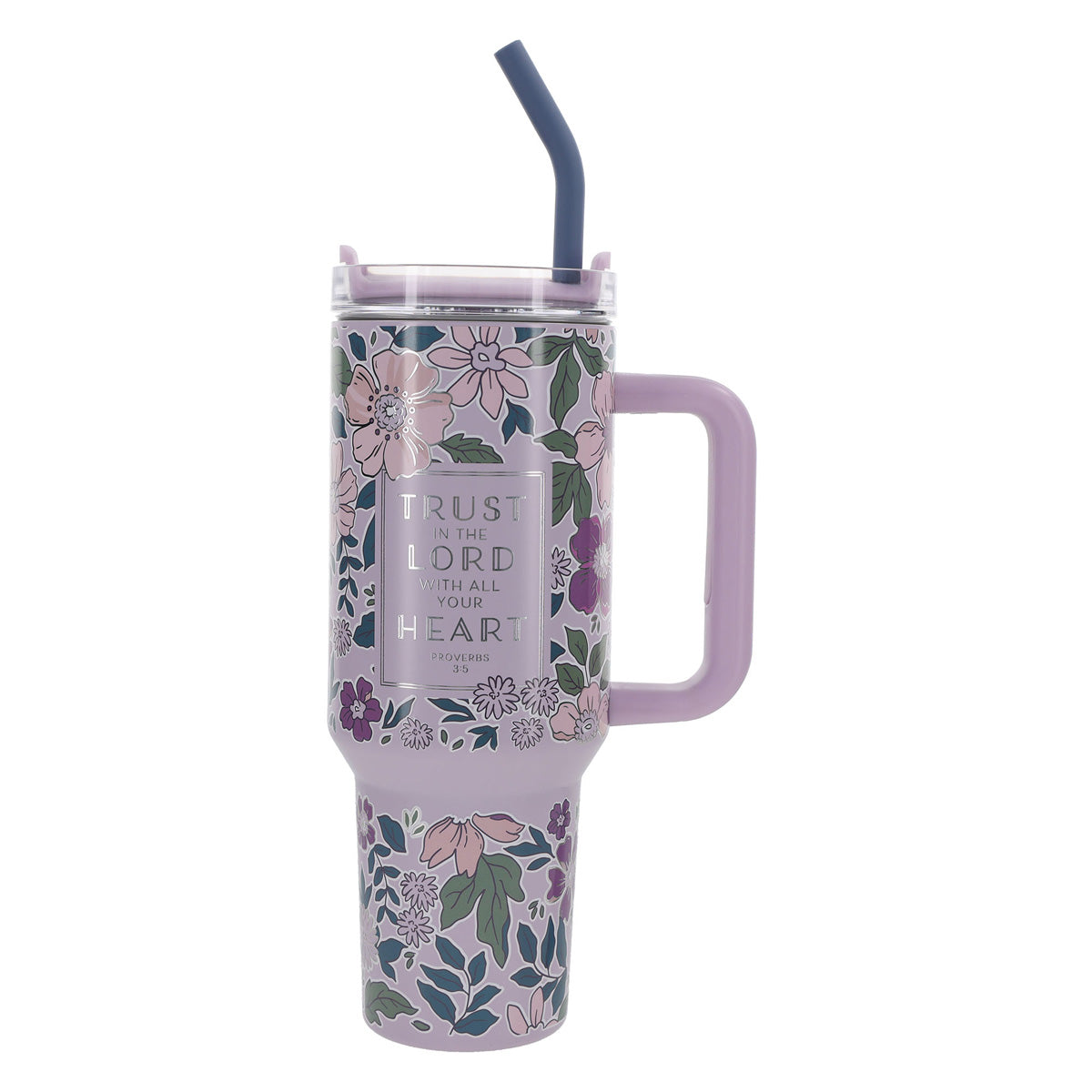 Travel Mug - Trust in the Lord (Stainless Steel, Purple, Large, Handle & Straw)