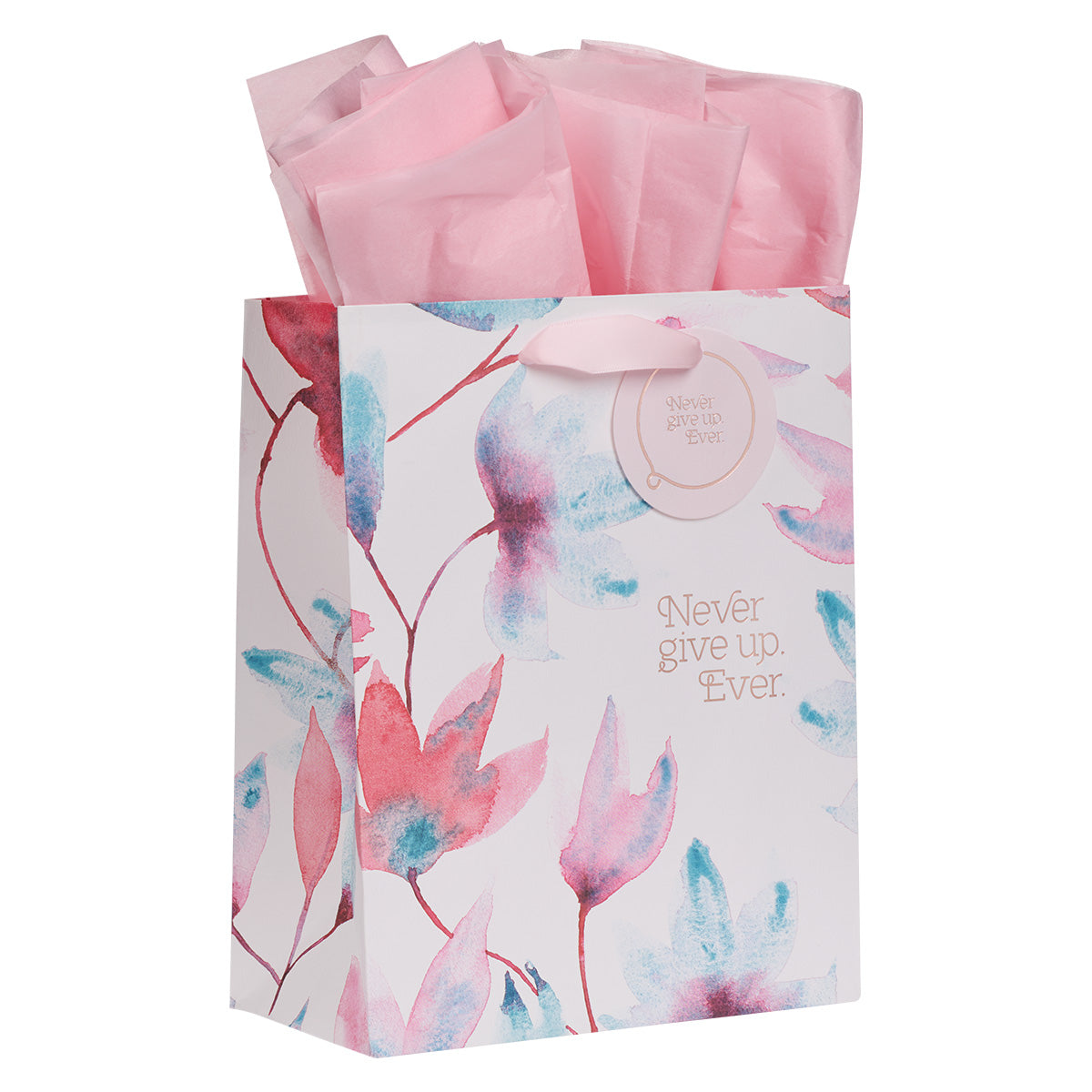Never Give Up Ever Pink Petals Medium Gift Bag with Gift Tag
