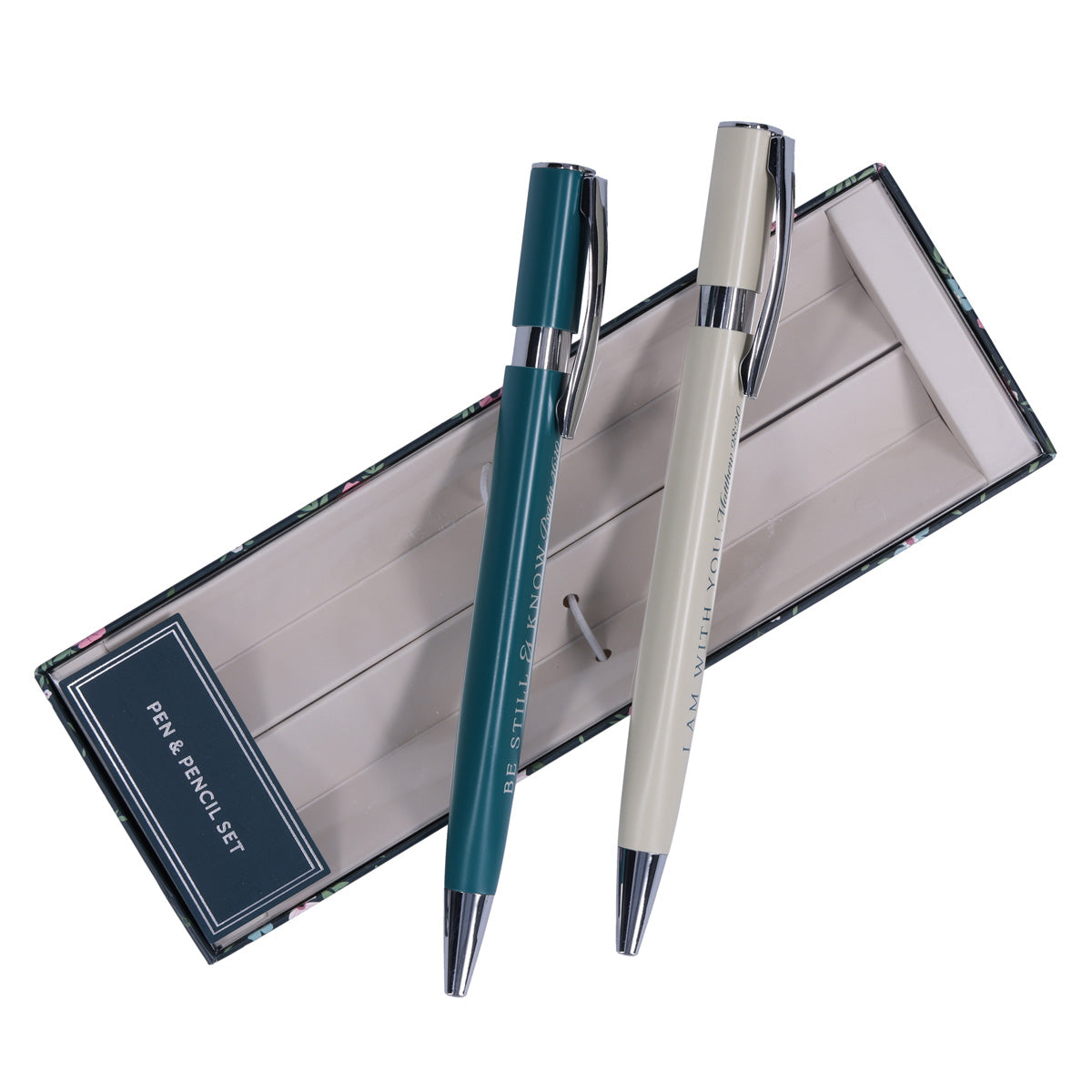 Be Still and Know & I Am with You Green Pen and Cream Pencil Set