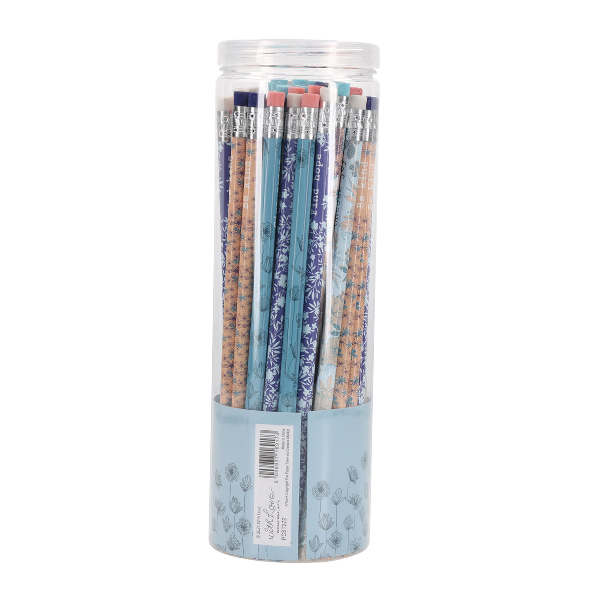 Floral Blue and Peach Tub of 50 Pencils