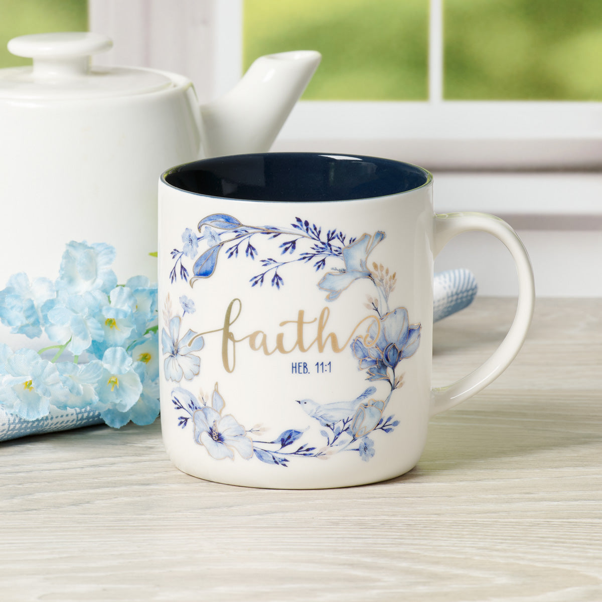 Faith Floral Ceramic Mug with Navy Blue Interior