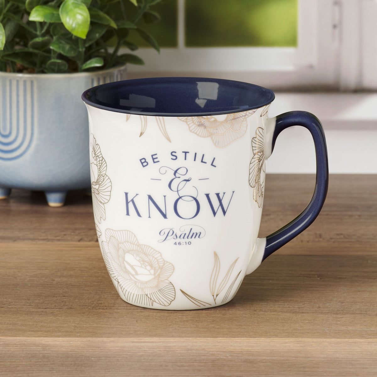 Be Still and Know Ceramic Mug with Navy Blue Interior
