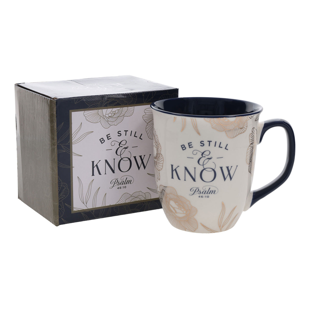 Be Still and Know Ceramic Mug with Navy Blue Interior