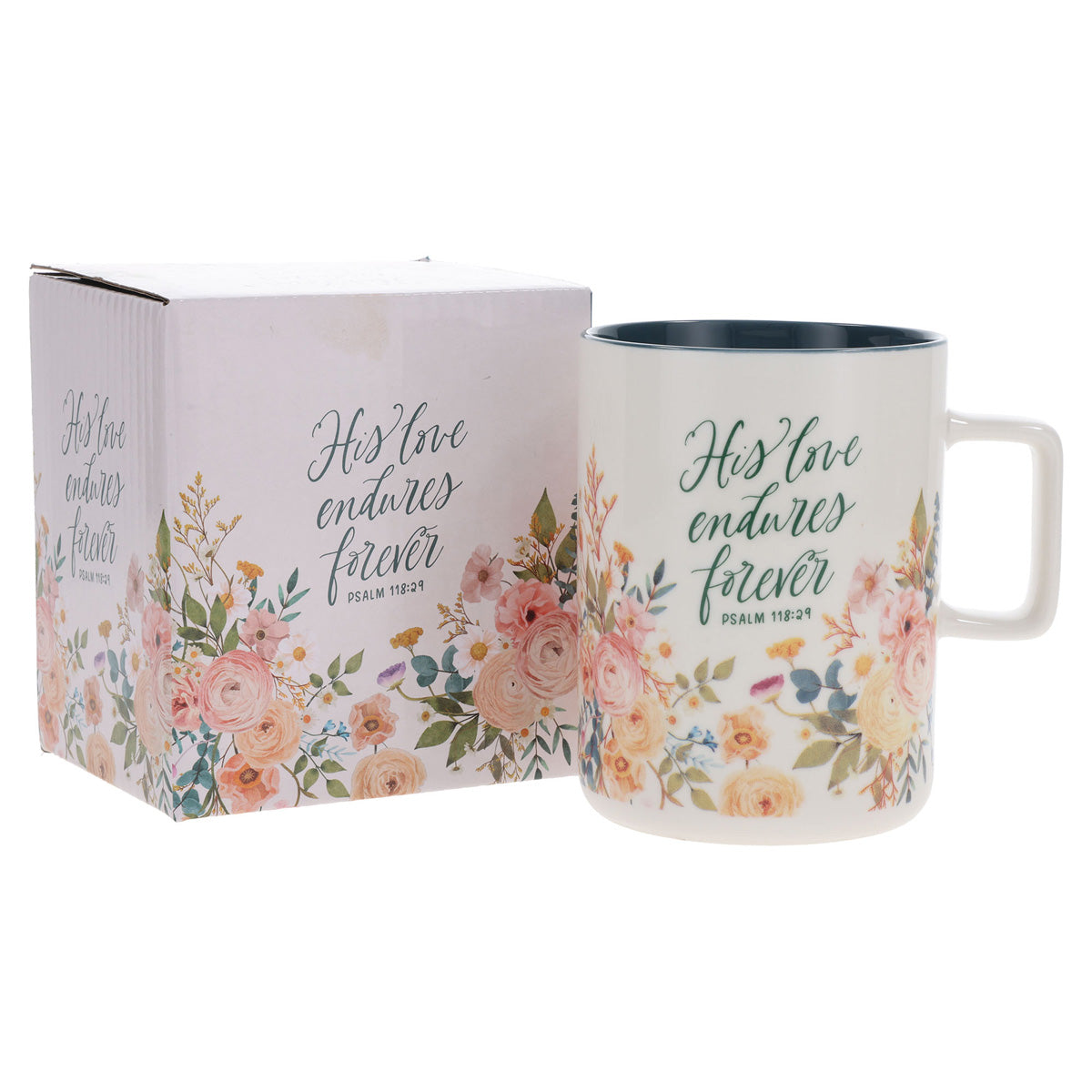 His Love Endures Forever Ceramic Mug with Teal Interior