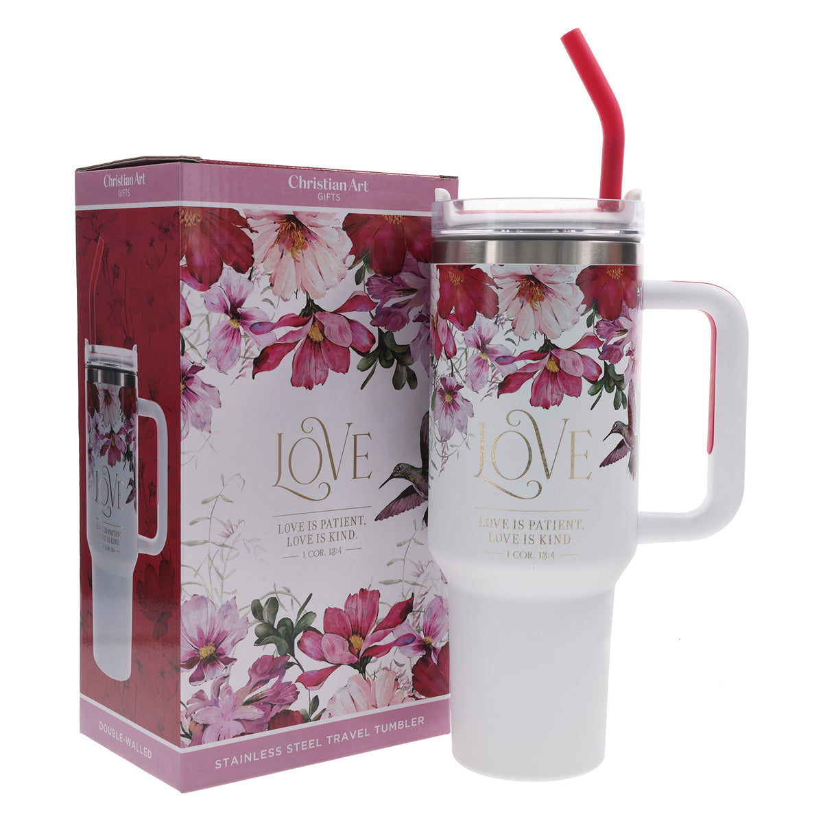 Love Is Patient, Love Is Kind Stainless Steel Mug with Handle and Straw