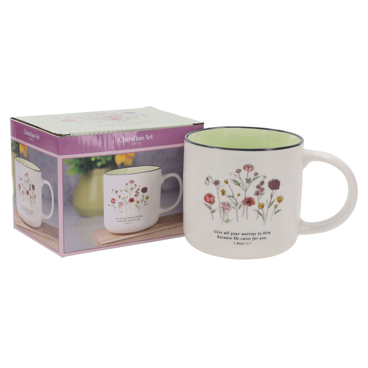 Give All Your Worries to Him Because He Cares for You Floral Ceramic Mug with Green Interior