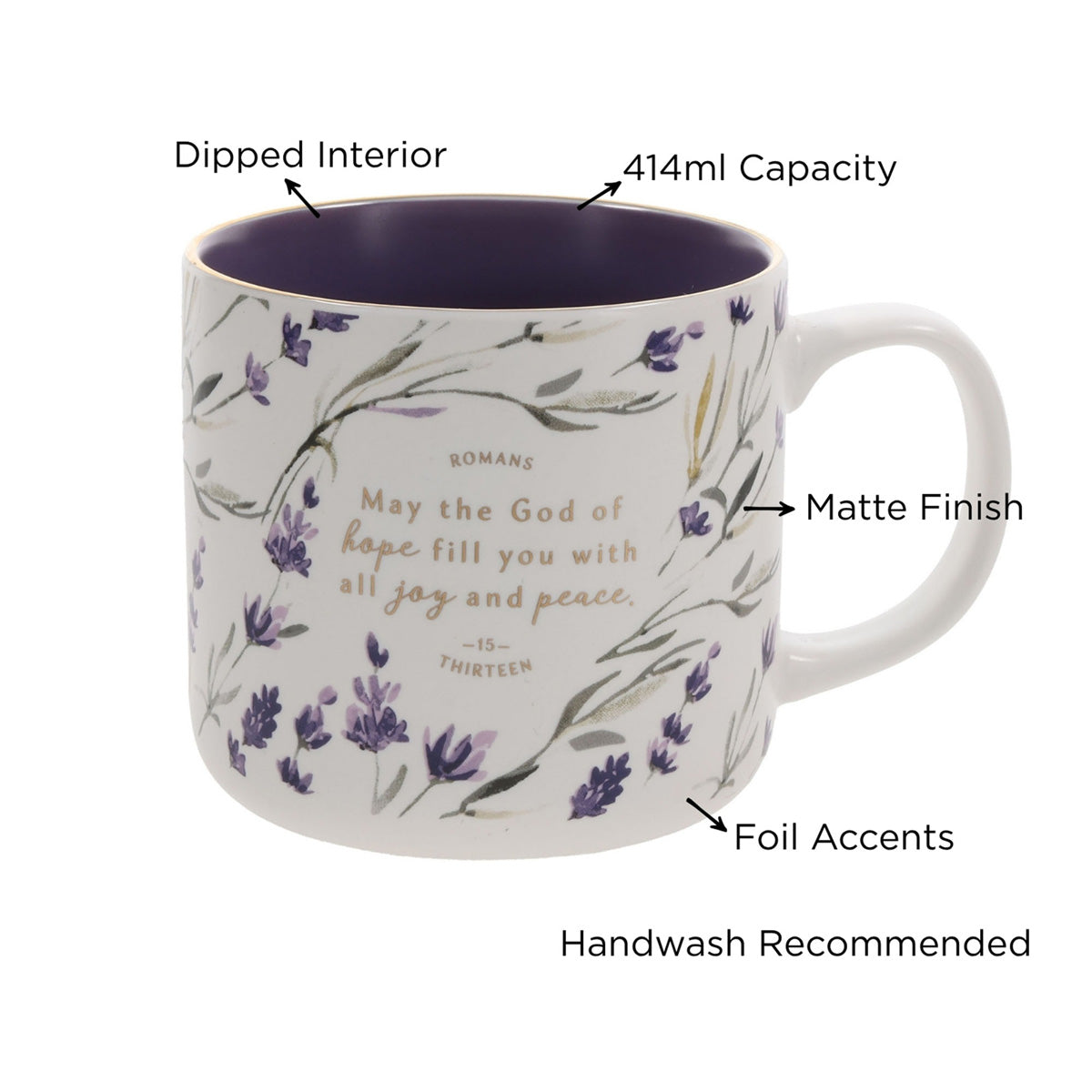 May the God of Hope Fill You with All Joy and Peace Ceramic Mug with Purple Interior