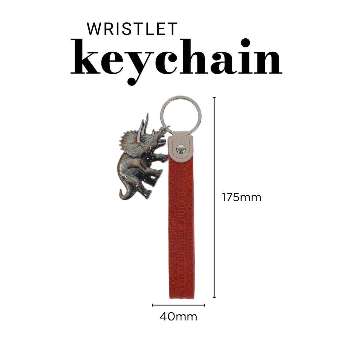 The Lord Is My Strength Faux Leather and Metal Wristlet Keychain with Dinosaur Charm