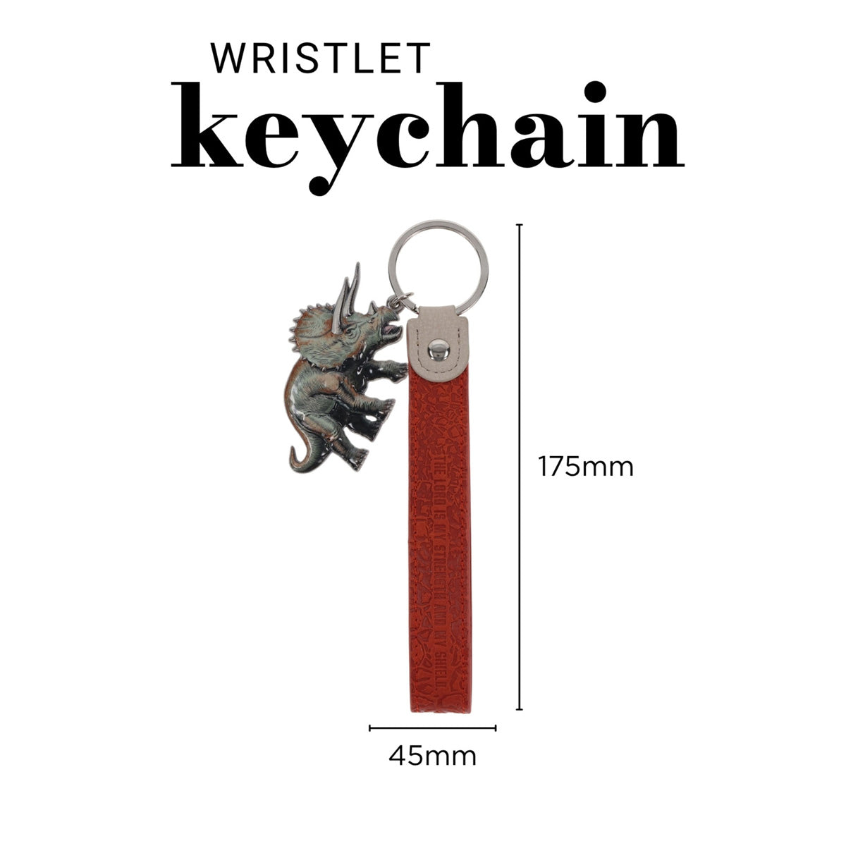 The Lord Is My Strength Faux Leather and Metal Wristlet Keychain with Dinosaur Charm