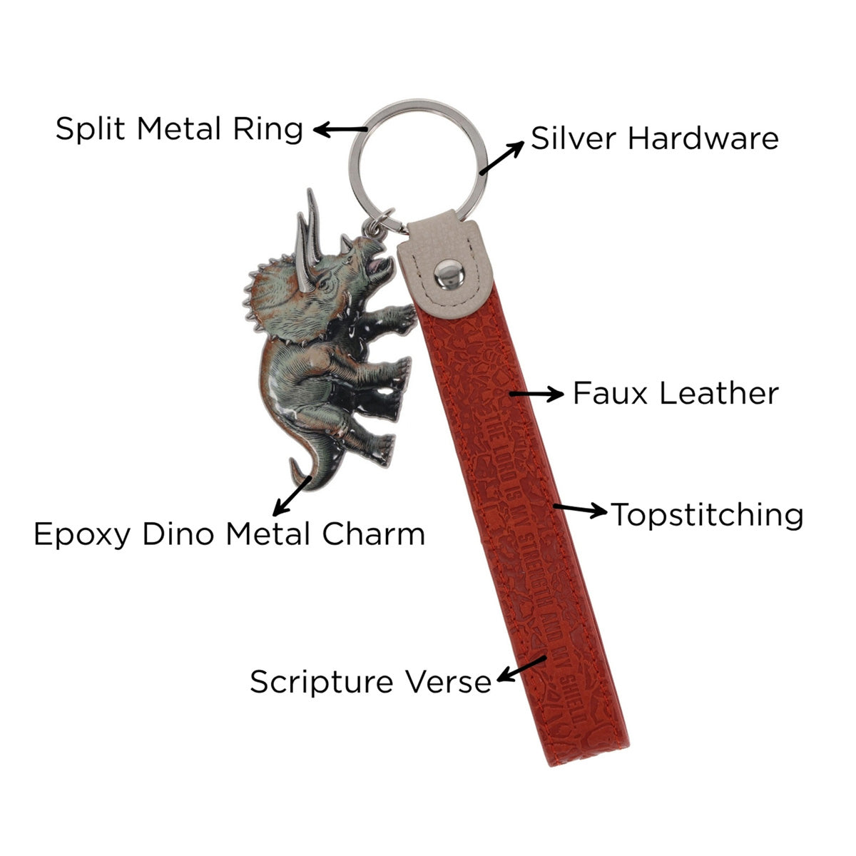 The Lord Is My Strength Faux Leather and Metal Wristlet Keychain with Dinosaur Charm