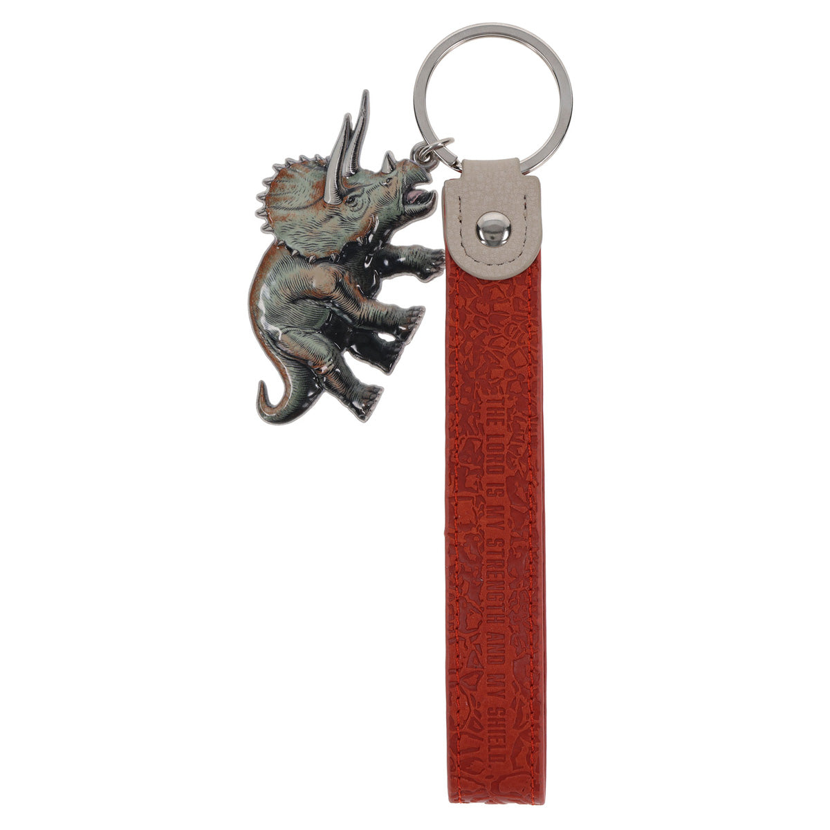 The Lord Is My Strength Faux Leather and Metal Wristlet Keychain with Dinosaur Charm