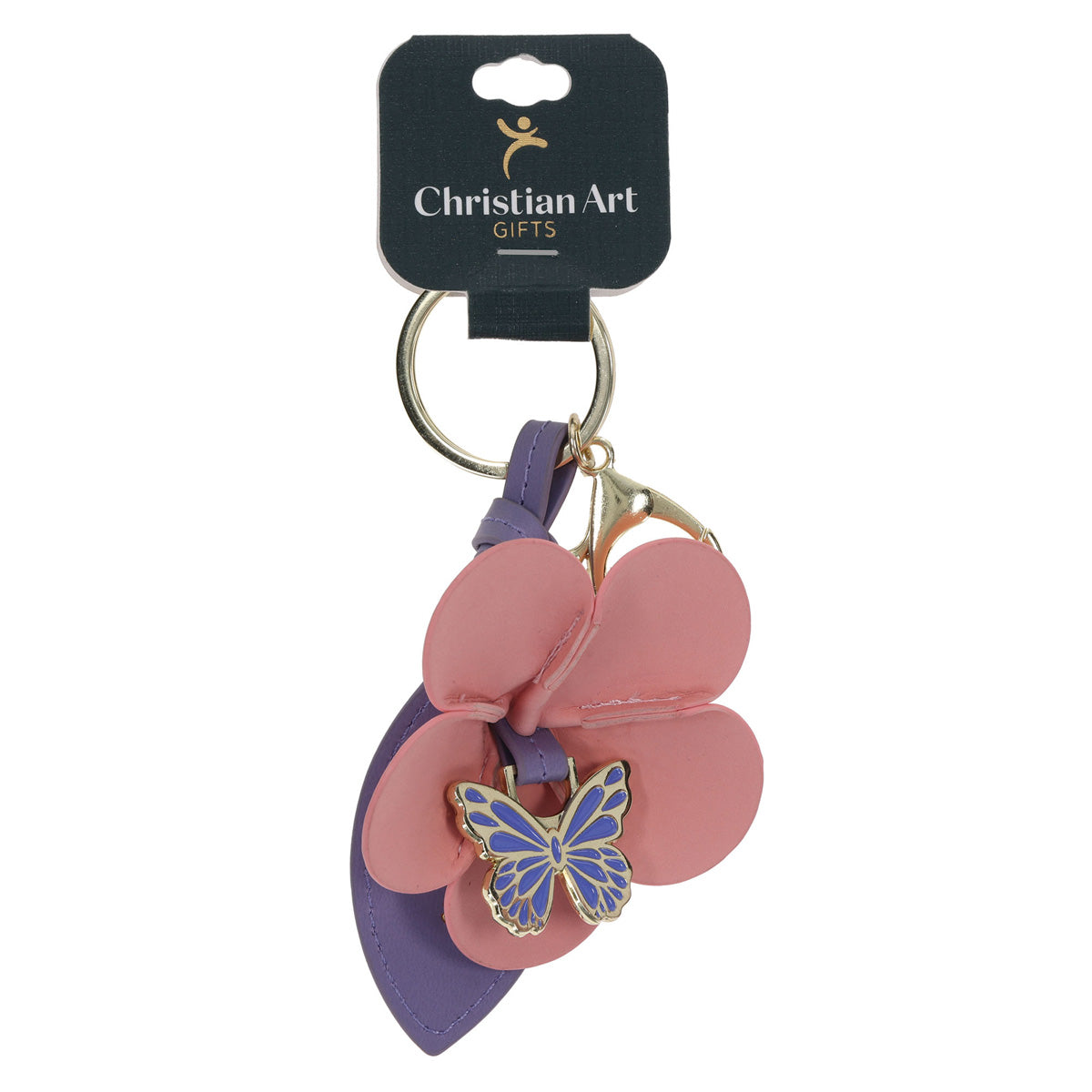 Be Still Faux Leather and Metal Flower Keychain with Butterfly Charm