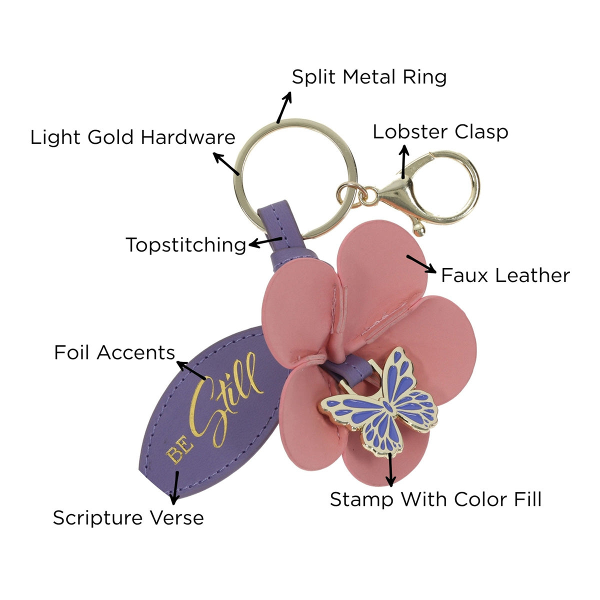 Be Still Faux Leather and Metal Flower Keychain with Butterfly Charm