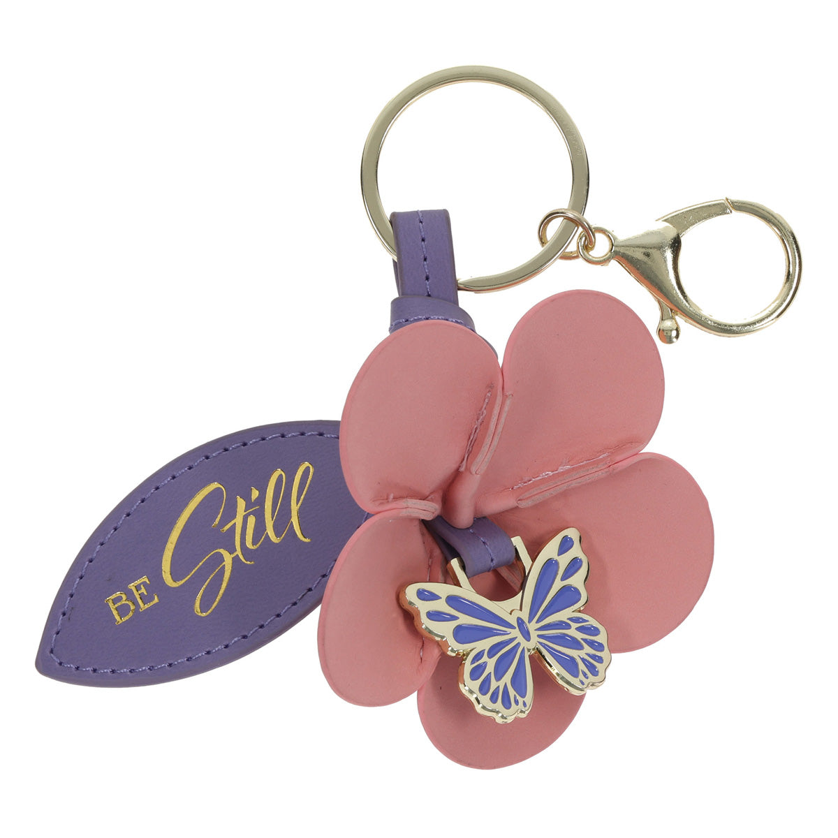 Be Still Faux Leather and Metal Flower Keychain with Butterfly Charm